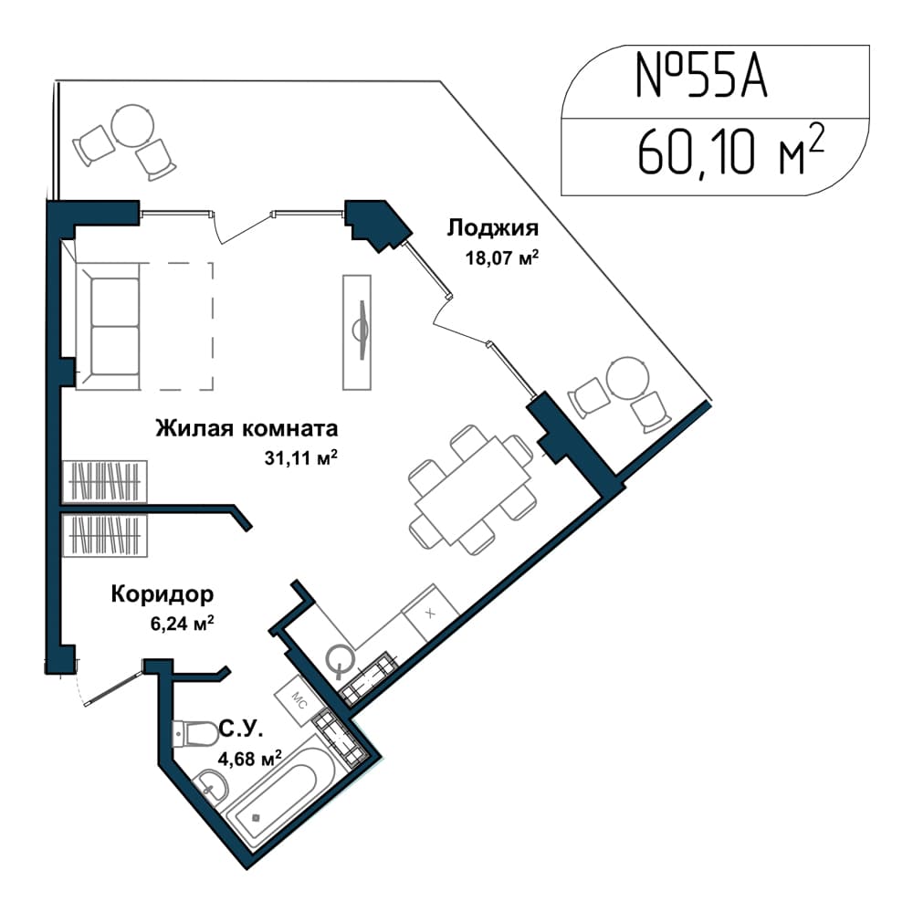 1-к, 60.4 м² · Апарт-комплекс «GARDEN»