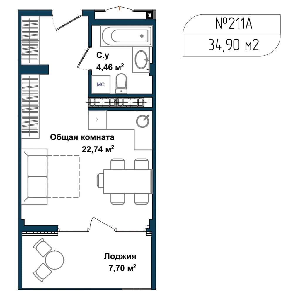 1-к, 34.2 м² · Апарт-комплекс «GARDEN»