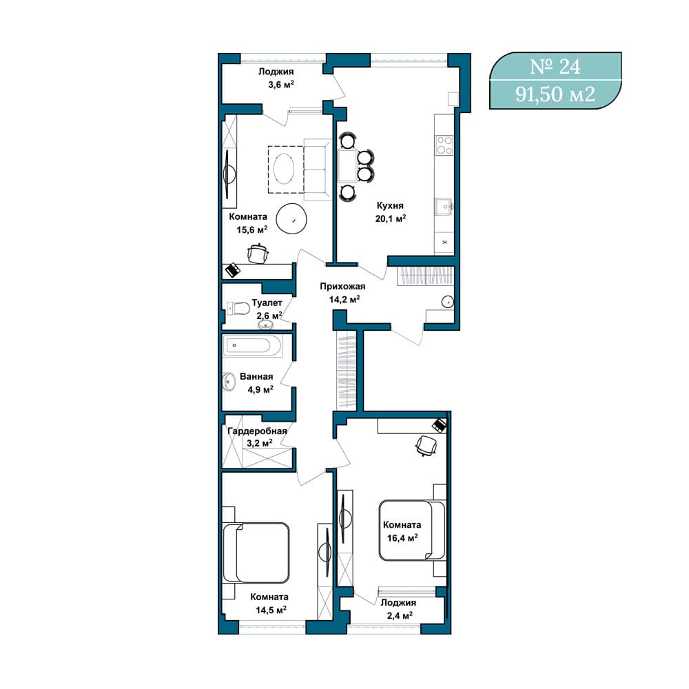 3-к, 91.5 м² · Клубный дом Azimut