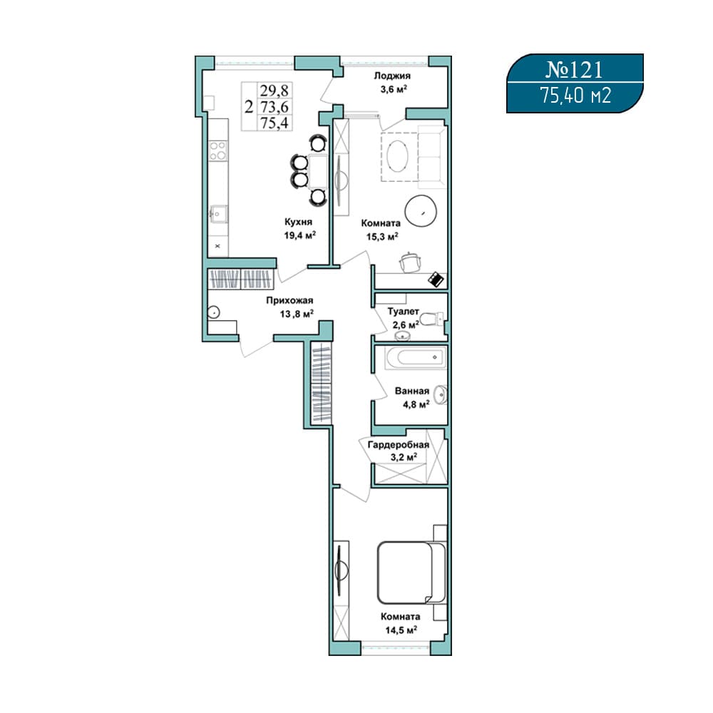 2-к, 75.4 м² · Клубный дом Azimut