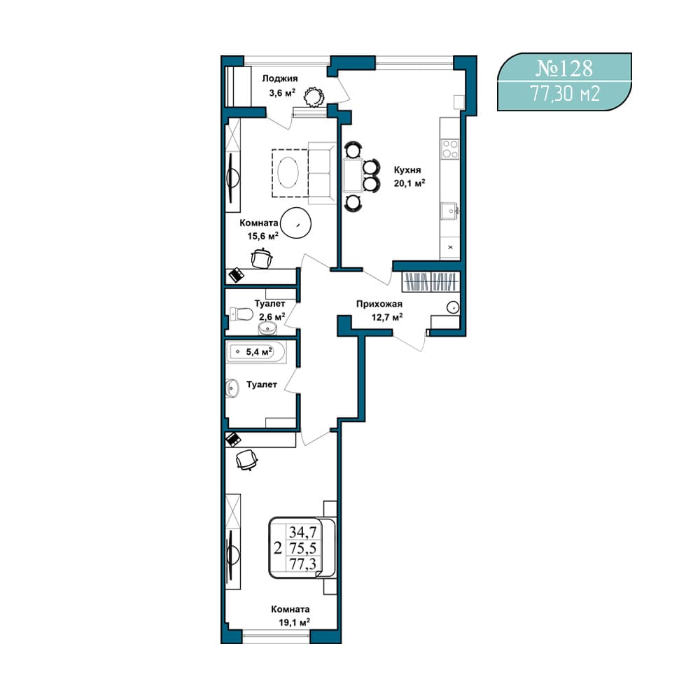 2-к, 77.3 м² · Клубный дом Azimut