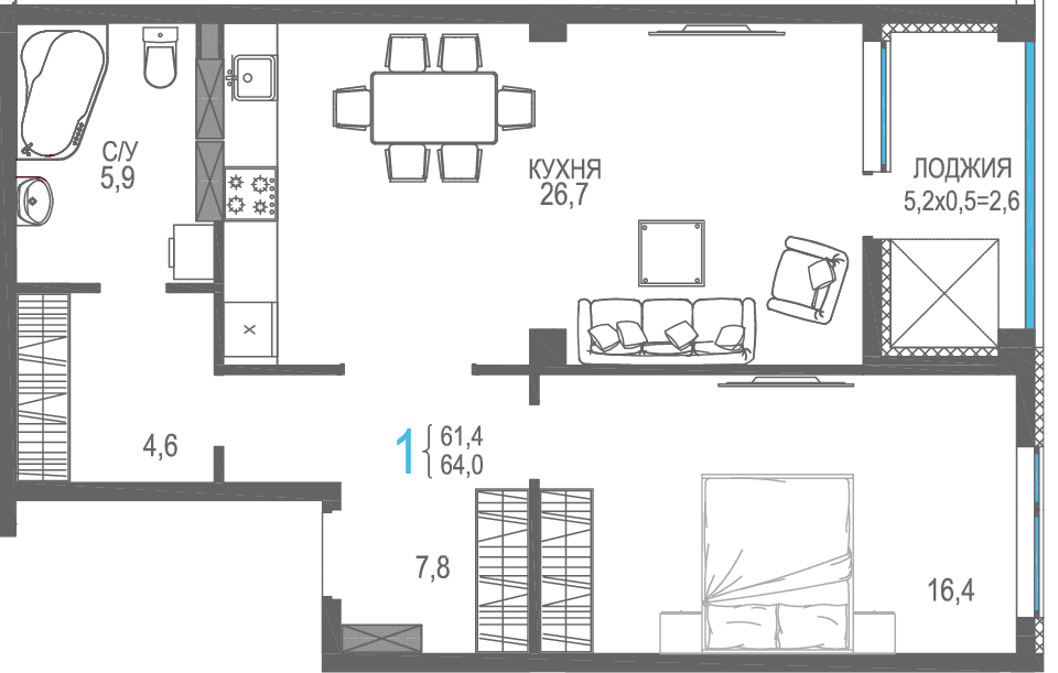 1-к, 66.6 м² · ЦентрПарк