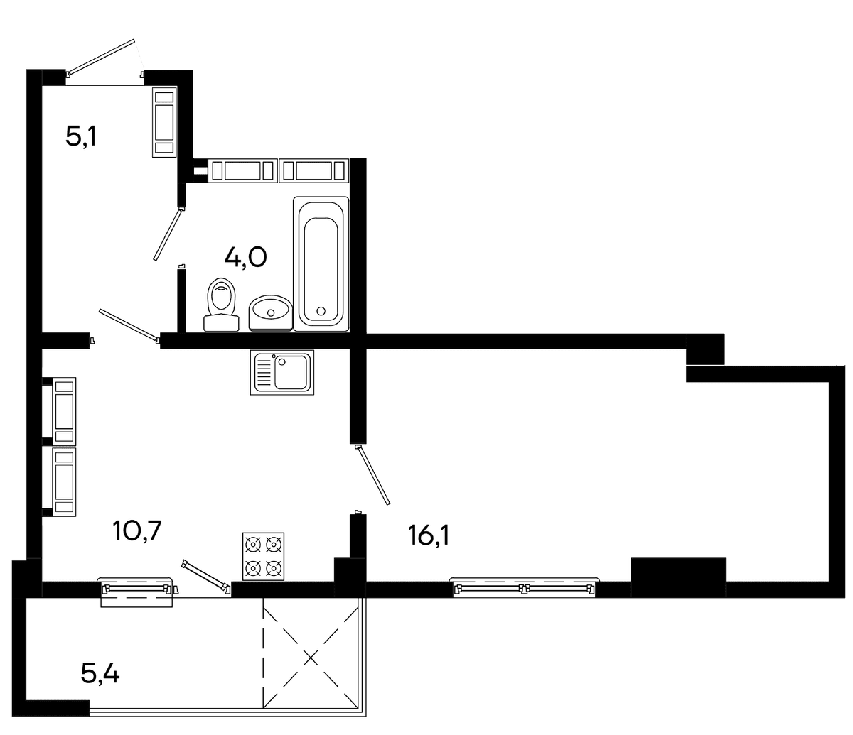 Студия, 40.5 м² · Трубаченко