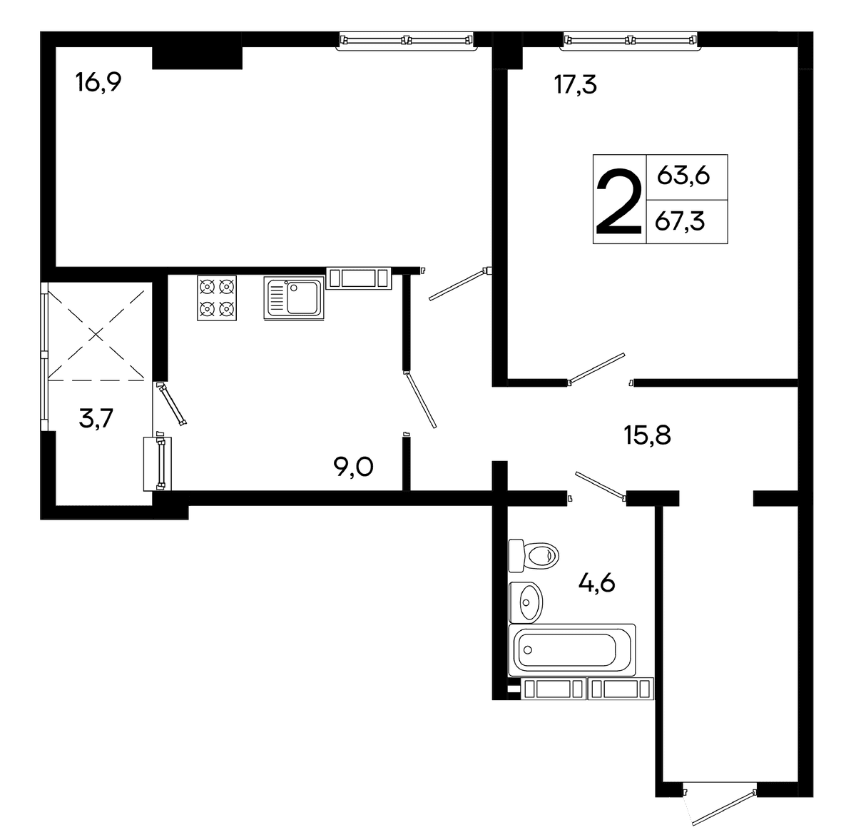 2-к, 65.6 м² · Трубаченко