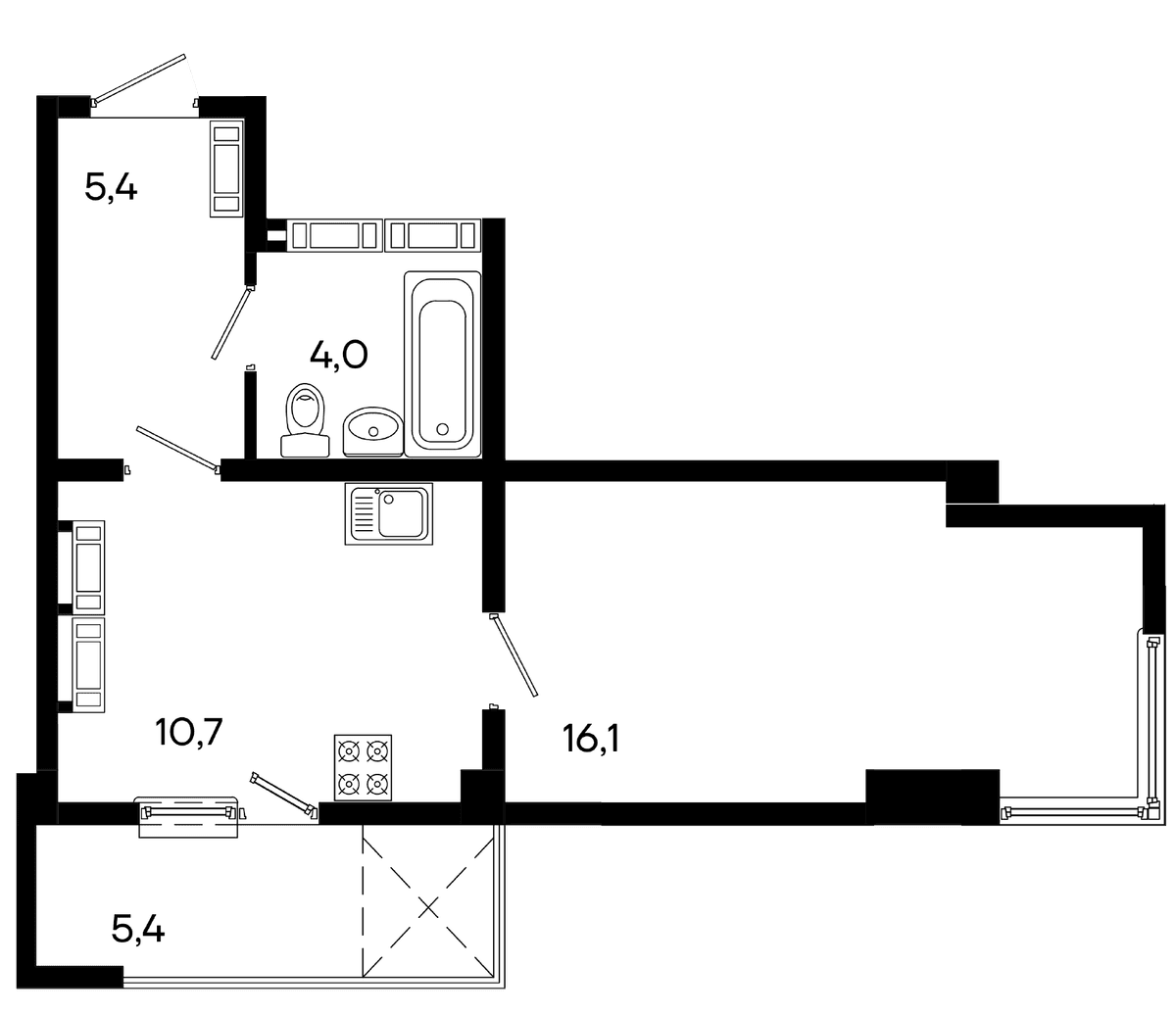 Студия, 41.6 м² · Трубаченко