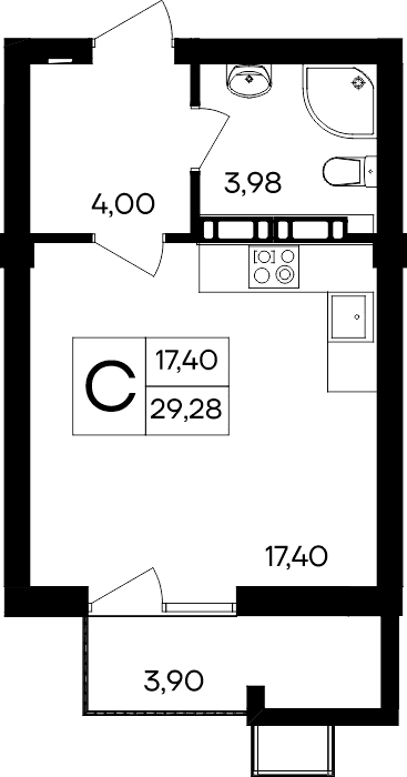 Студия, 29.28 м² · Гвардейское
