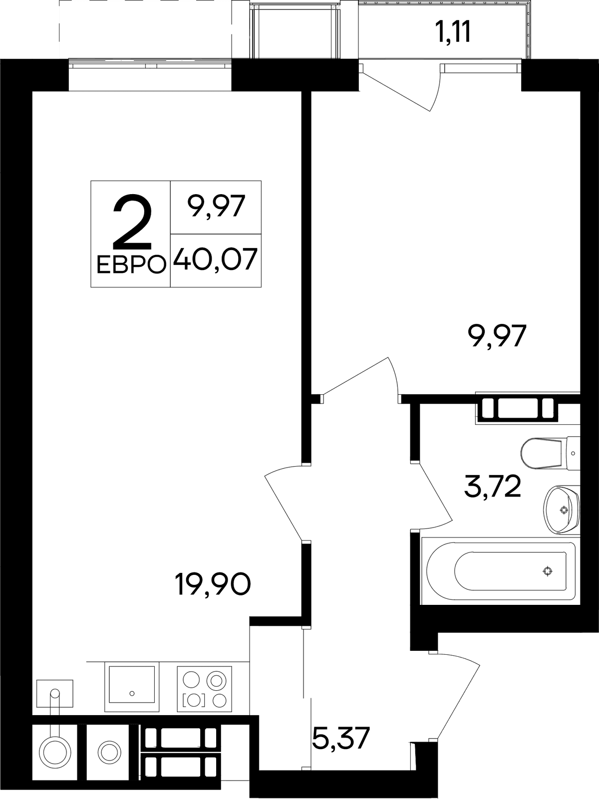 1-к, 40.07 м² · Гвардейское
