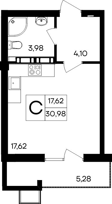 Студия, 30.98 м² · Гвардейское