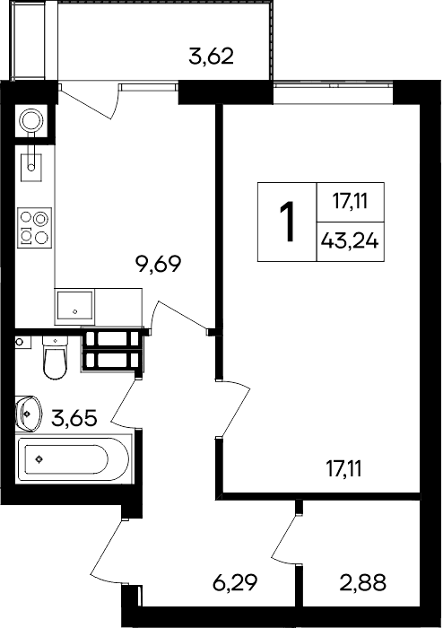 1-к, 43.24 м² · Гвардейское