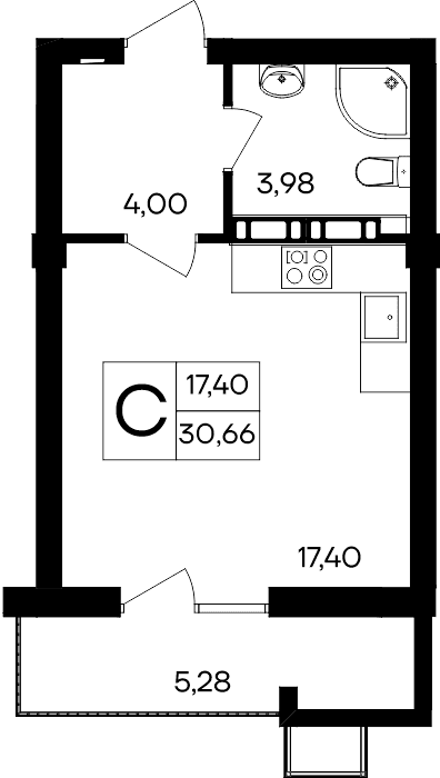 Студия, 30.66 м² · Гвардейское