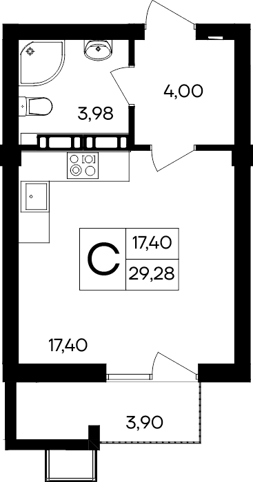 Студия, 29.28 м² · Гвардейское