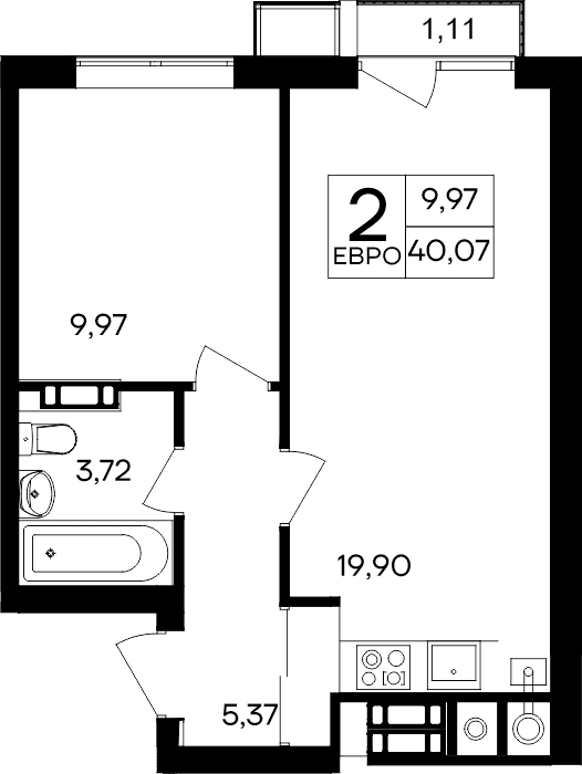 1-к, 40.07 м² · Гвардейское