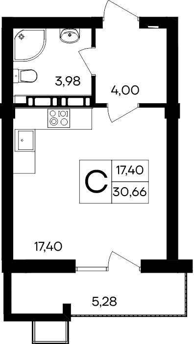 Студия, 30.66 м² · Гвардейское
