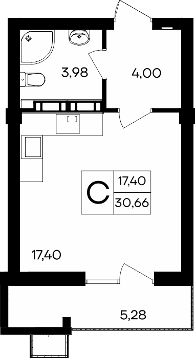 Студия, 30.66 м² · Гвардейское