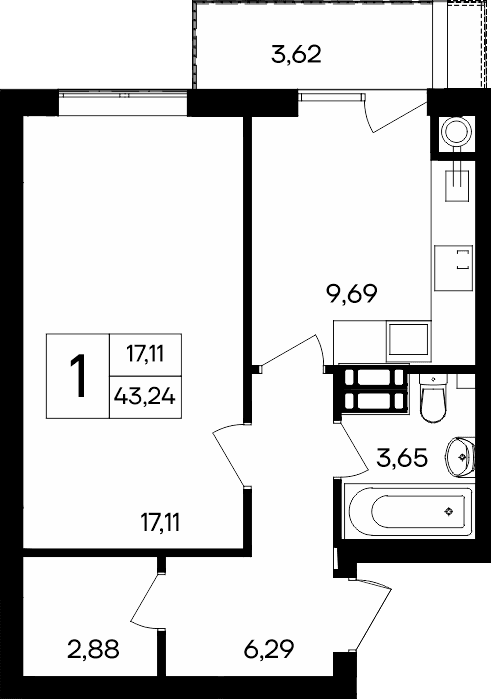 1-к, 43.24 м² · Гвардейское