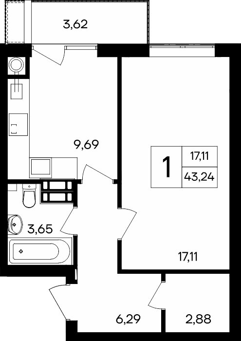 1-к, 43.24 м² · Гвардейское