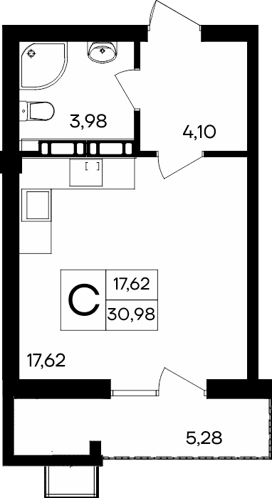 Студия, 30.98 м² · Гвардейское
