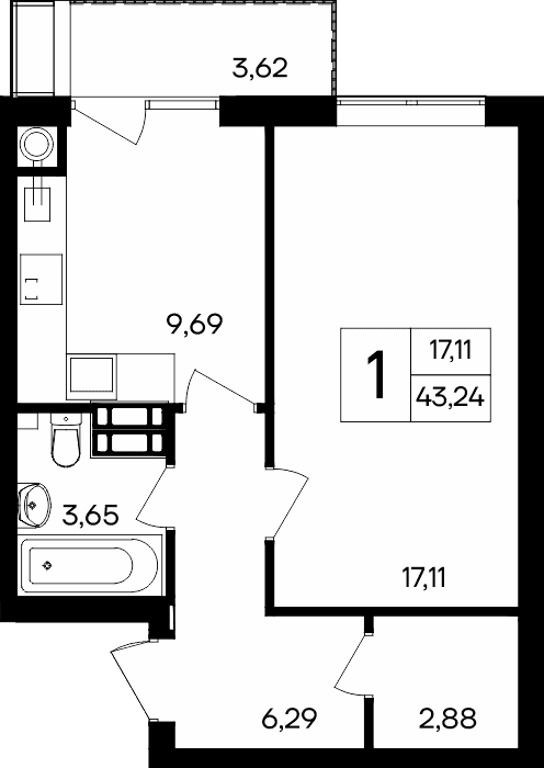 1-к, 43.24 м² · Гвардейское
