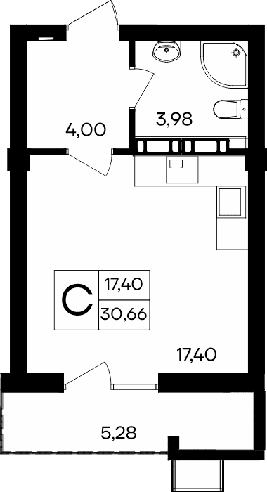 Студия, 30.66 м² · Гвардейское