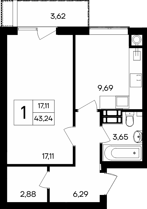 1-к, 43.24 м² · Гвардейское