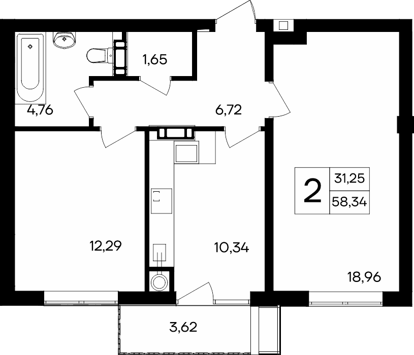 2-к, 58.34 м² · Гвардейское