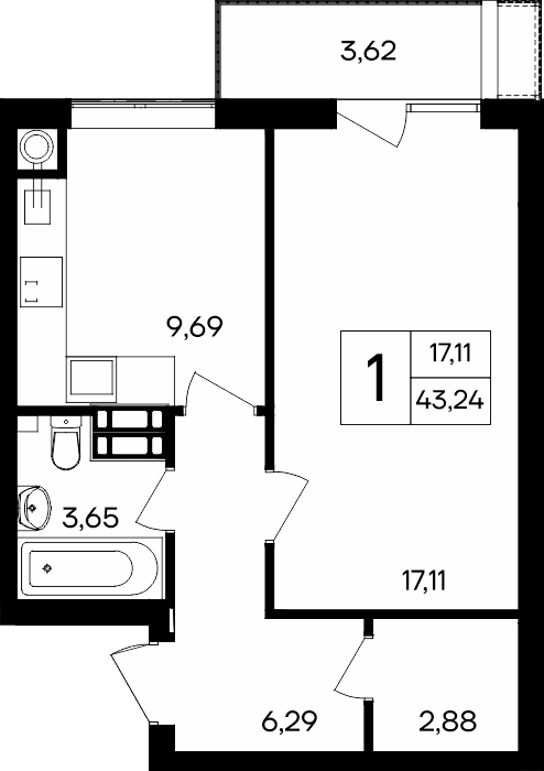 1-к, 43.24 м² · Гвардейское