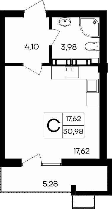 Студия, 30.98 м² · Гвардейское