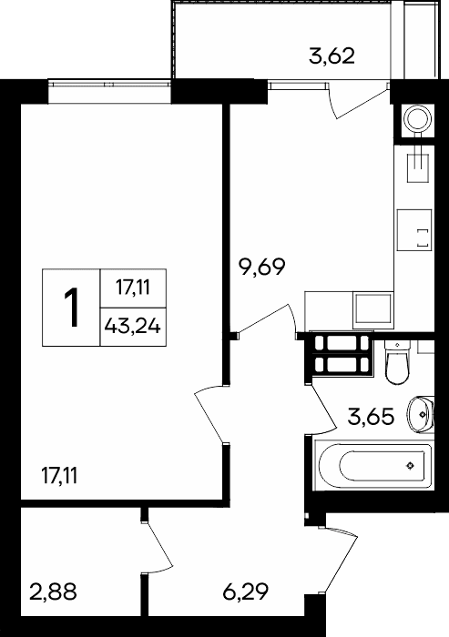 1-к, 43.24 м² · Гвардейское