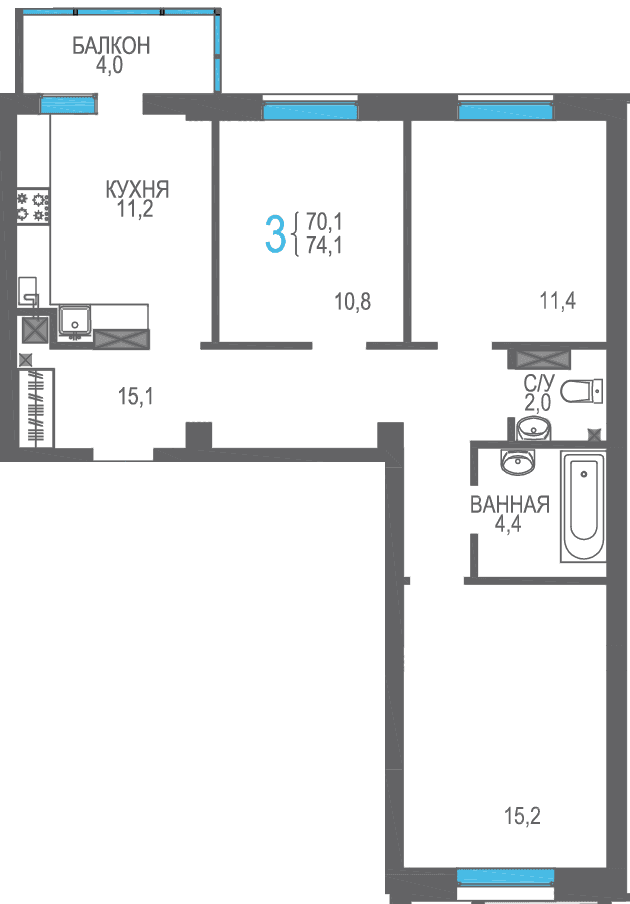 3-к, 74.1 м² · Утёсов