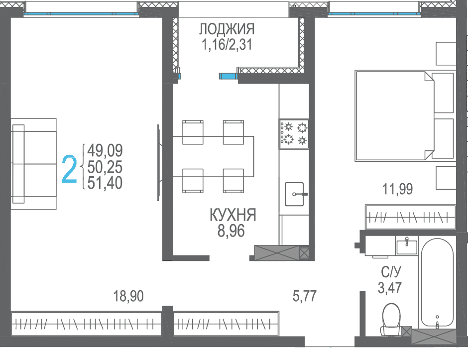 2-к, 51.4 м² · Розовое озеро