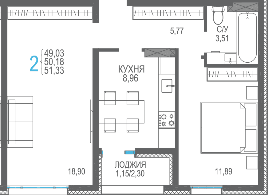 2-к, 51.33 м² · Розовое озеро