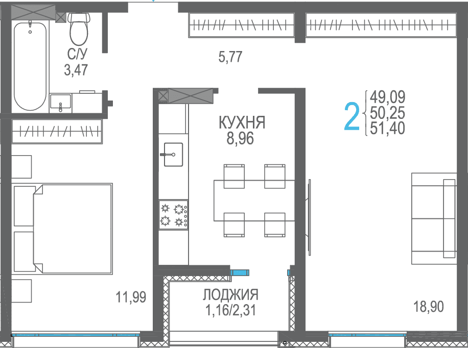 2-к, 51.4 м² · Розовое озеро