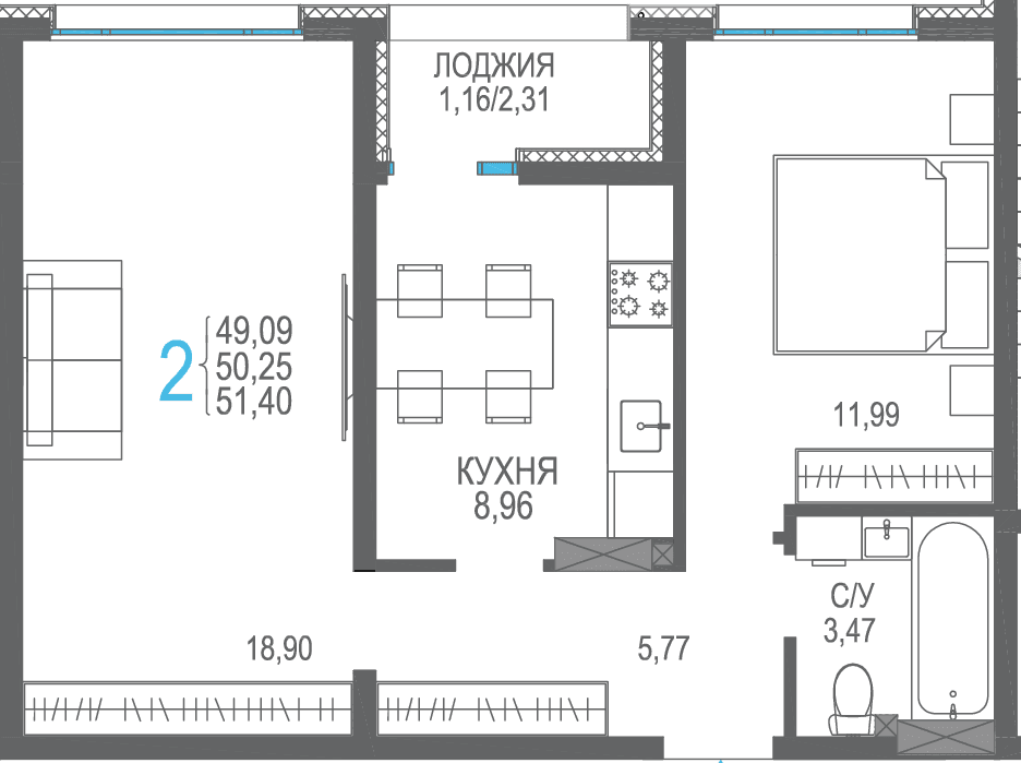 2-к, 51.4 м² · Розовое озеро