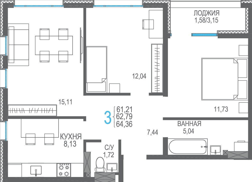 3-к, 64.36 м² · Розовое озеро