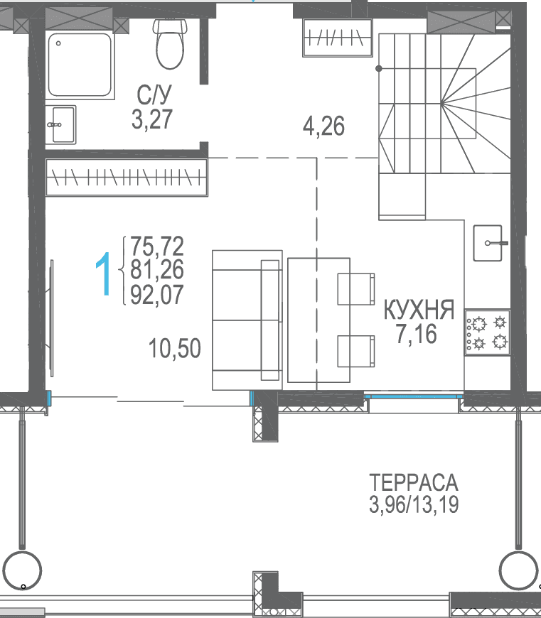 Студия, 92.07 м² · Розовое озеро