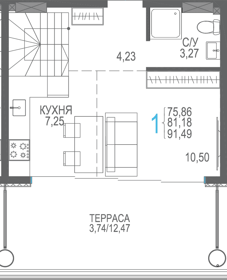 Студия, 91.49 м² · Розовое озеро