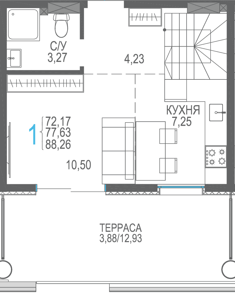Студия, 88.26 м² · Розовое озеро