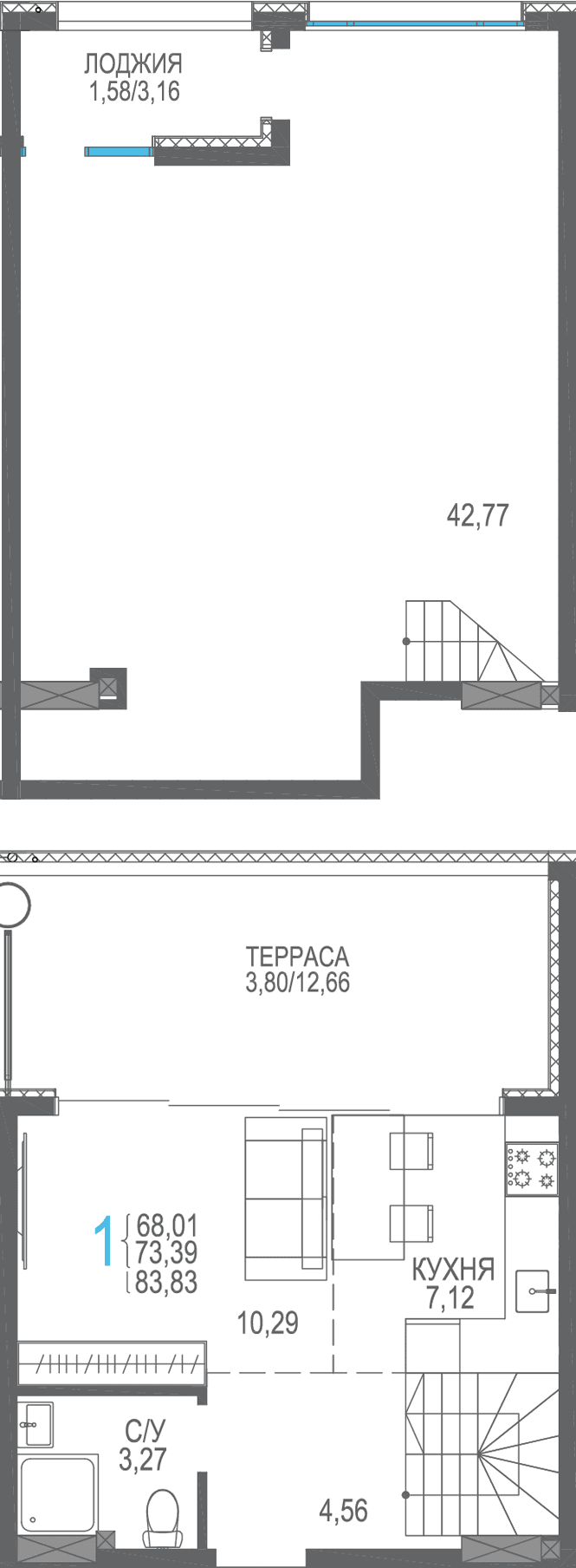 Студия, 83.83 м² · Розовое озеро