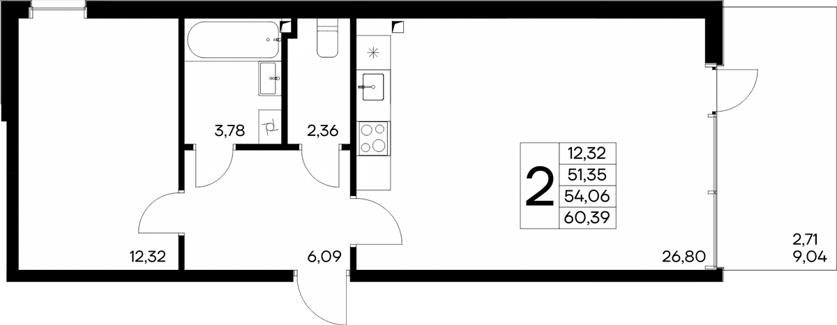 2-к, 60.39 м² · Розовое озеро