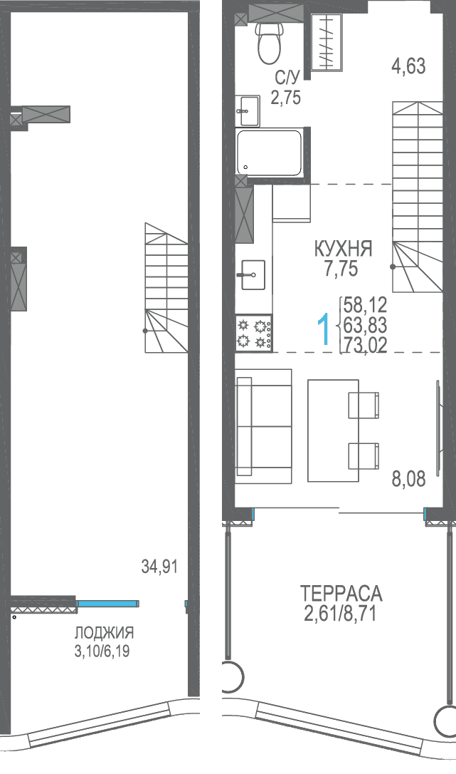 1-к, 73.02 м² · Розовое озеро