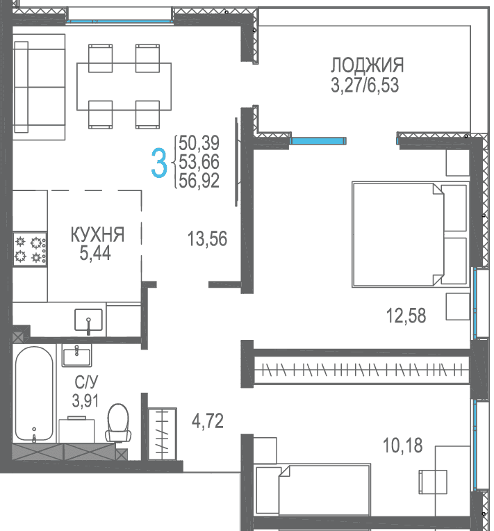 3-к, 56.92 м² · Розовое озеро