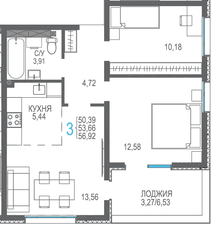 3-к, 56.92 м² · Розовое озеро