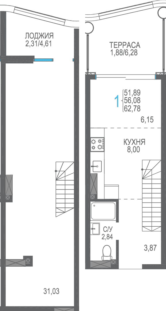 Студия, 62.78 м² · Розовое озеро