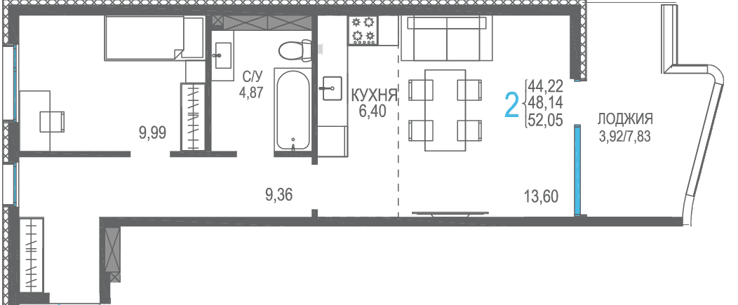 2-к, 52.05 м² · Розовое озеро