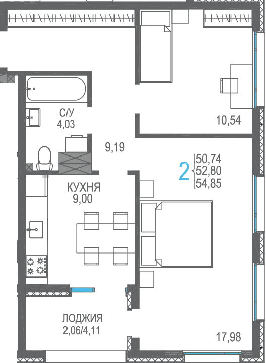 2-к, 54.85 м² · Розовое озеро