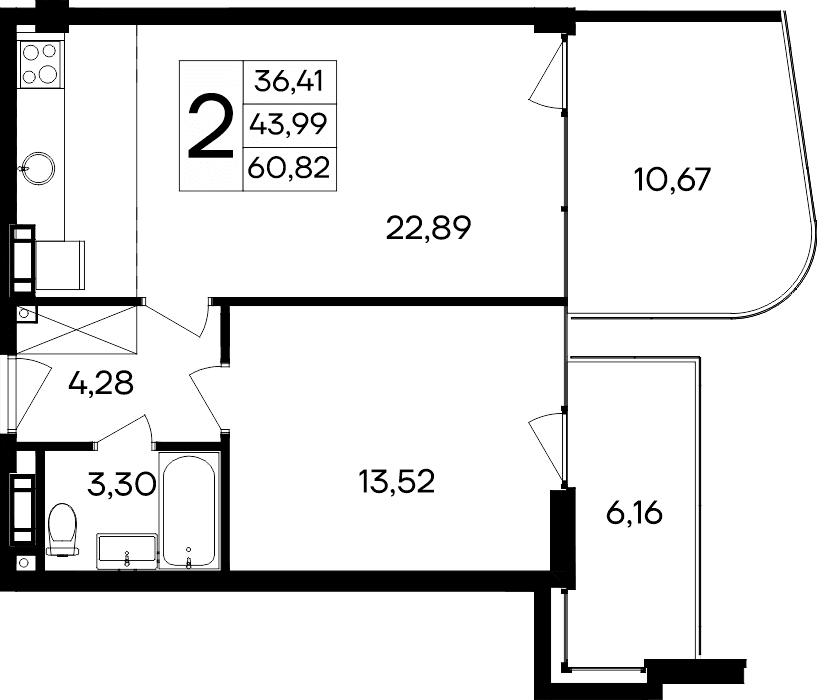 2-к, 60.82 м² · Ола-апарт