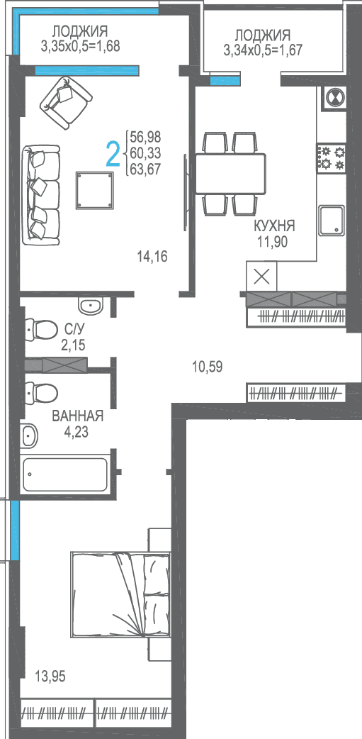 2-к, 60.33 м² · На Фонтанке
