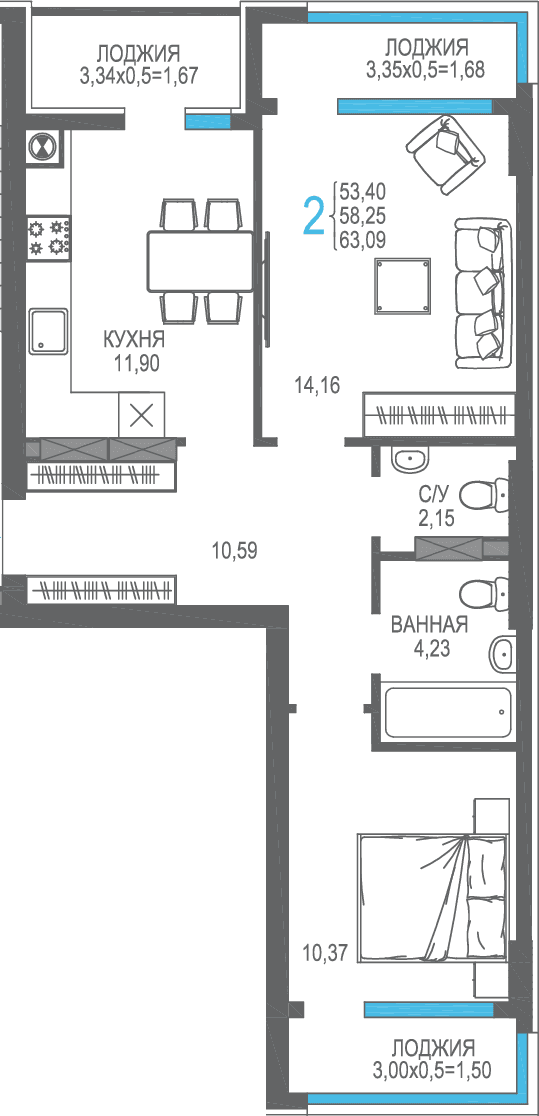 2-к, 58.25 м² · На Фонтанке
