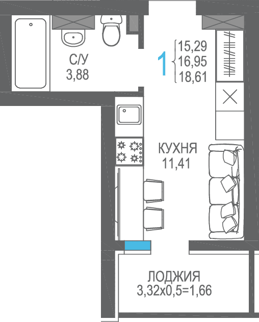 Студия, 16.95 м² · На Фонтанке