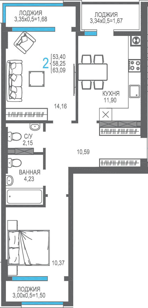2-к, 58.25 м² · На Фонтанке